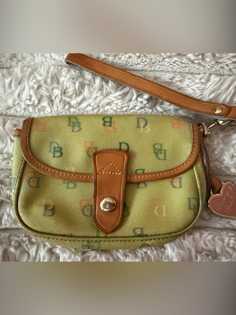 Dooney & Bourke Light Green Logo Vintage Wristlet with Tan Trim